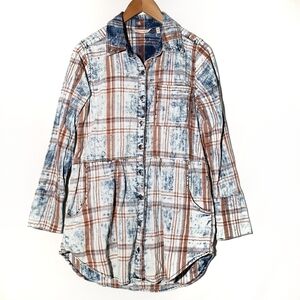 Soft Surroundings‎ Chambray Acid Washed Plaid Tunic Top XS Blue Rust